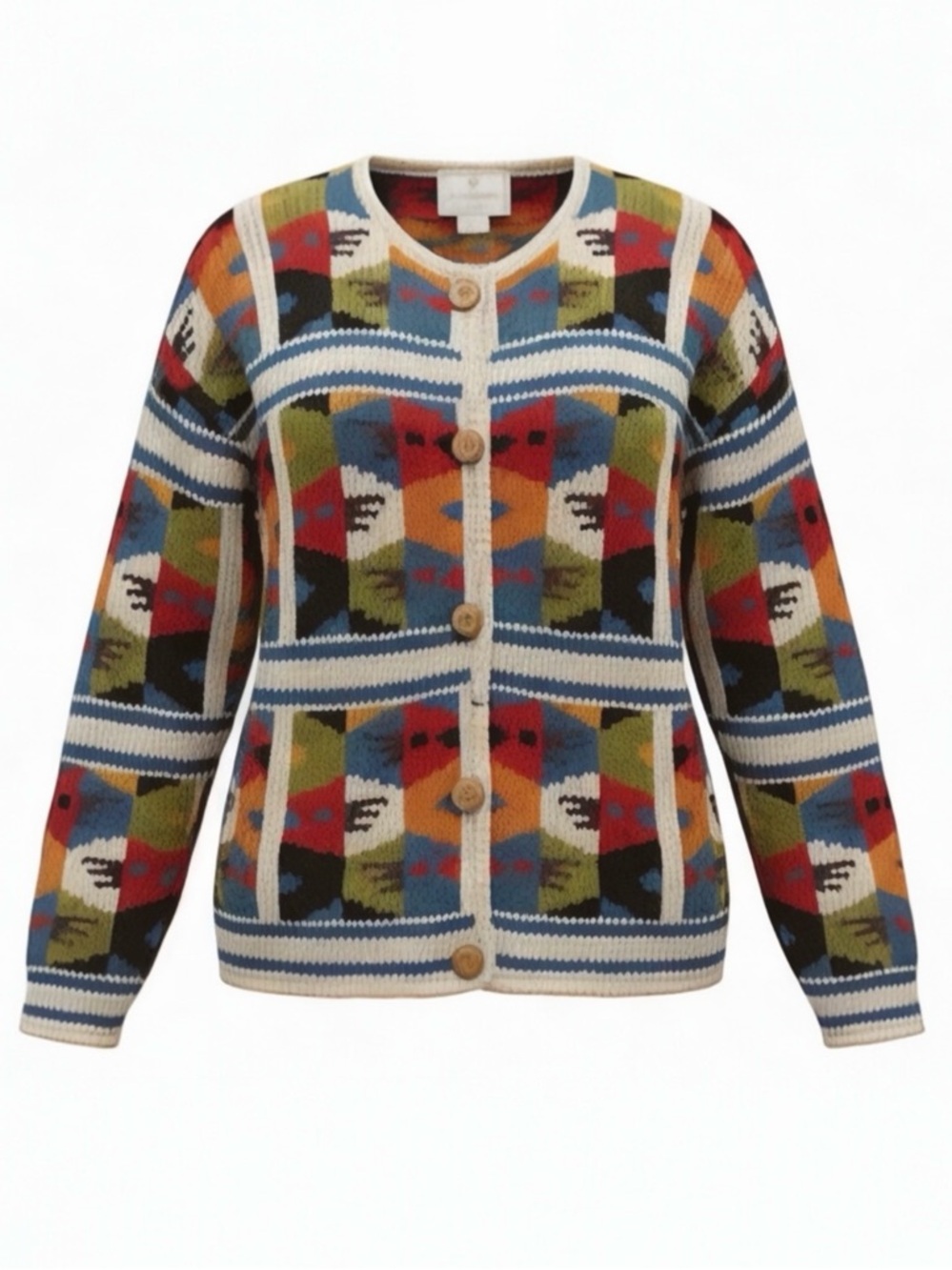 EXPRESS TRICOT Handknitted Wool Cardigan Sweater Multi Color Geometric M/L